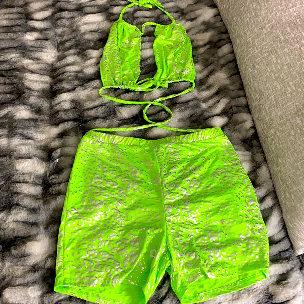 Two piece, shiny, highlighter romper